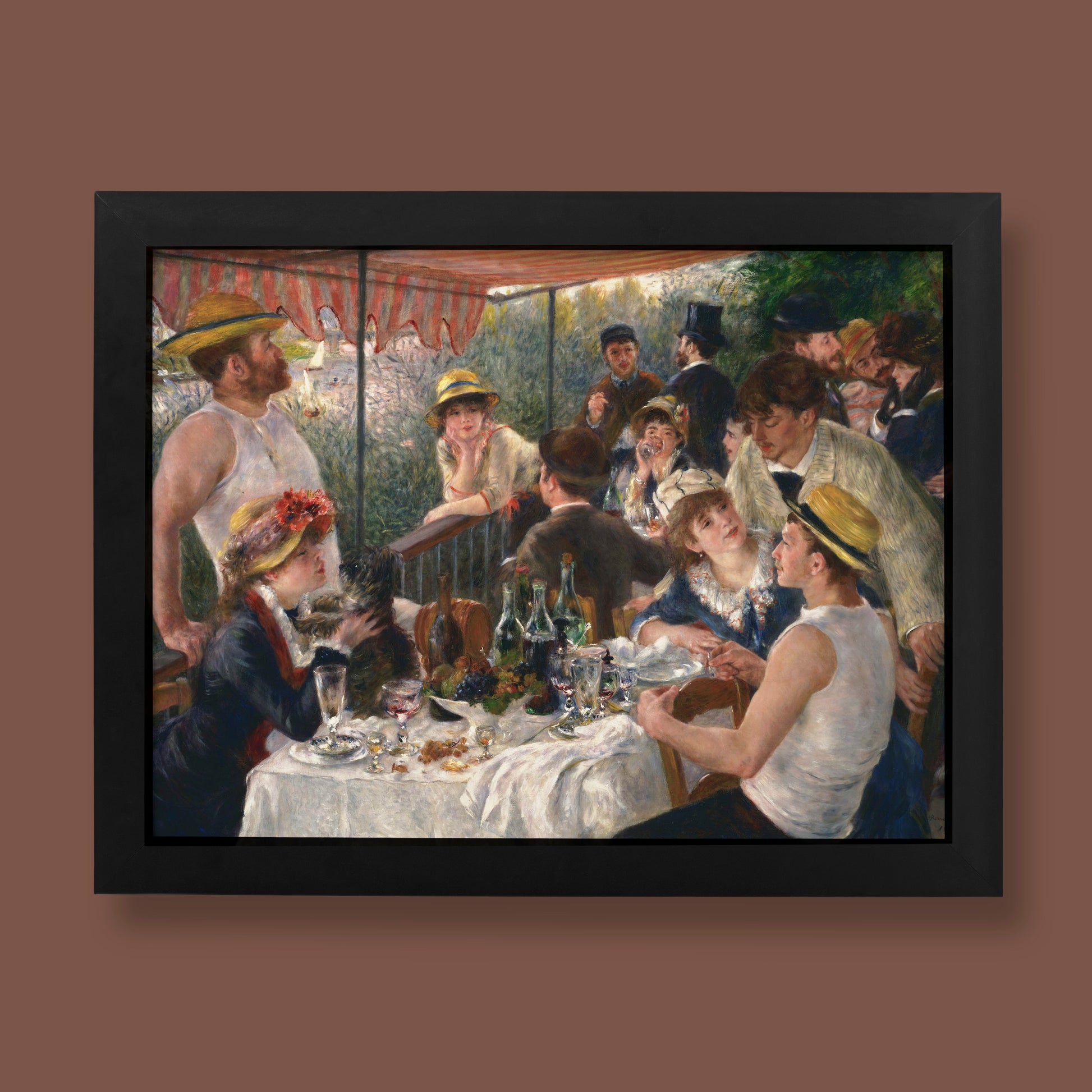 Pierre-Auguste Renoir Luncheon of the Boating Party fine art print showing Impressionist masterpiece with people dining on restaurant terrace, premium wall art for home decor