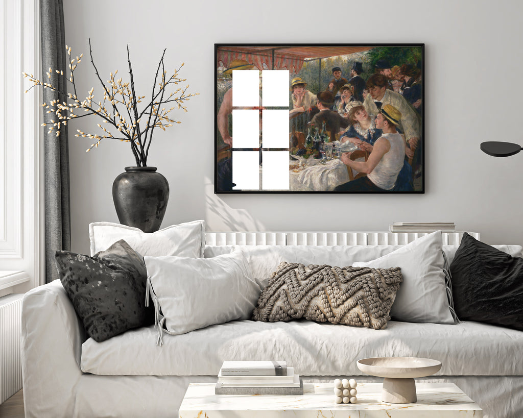 Framed Renoir Luncheon of the Boating Party art print displayed as elegant wall art in modern living room interior, showing premium Impressionist home decor styling