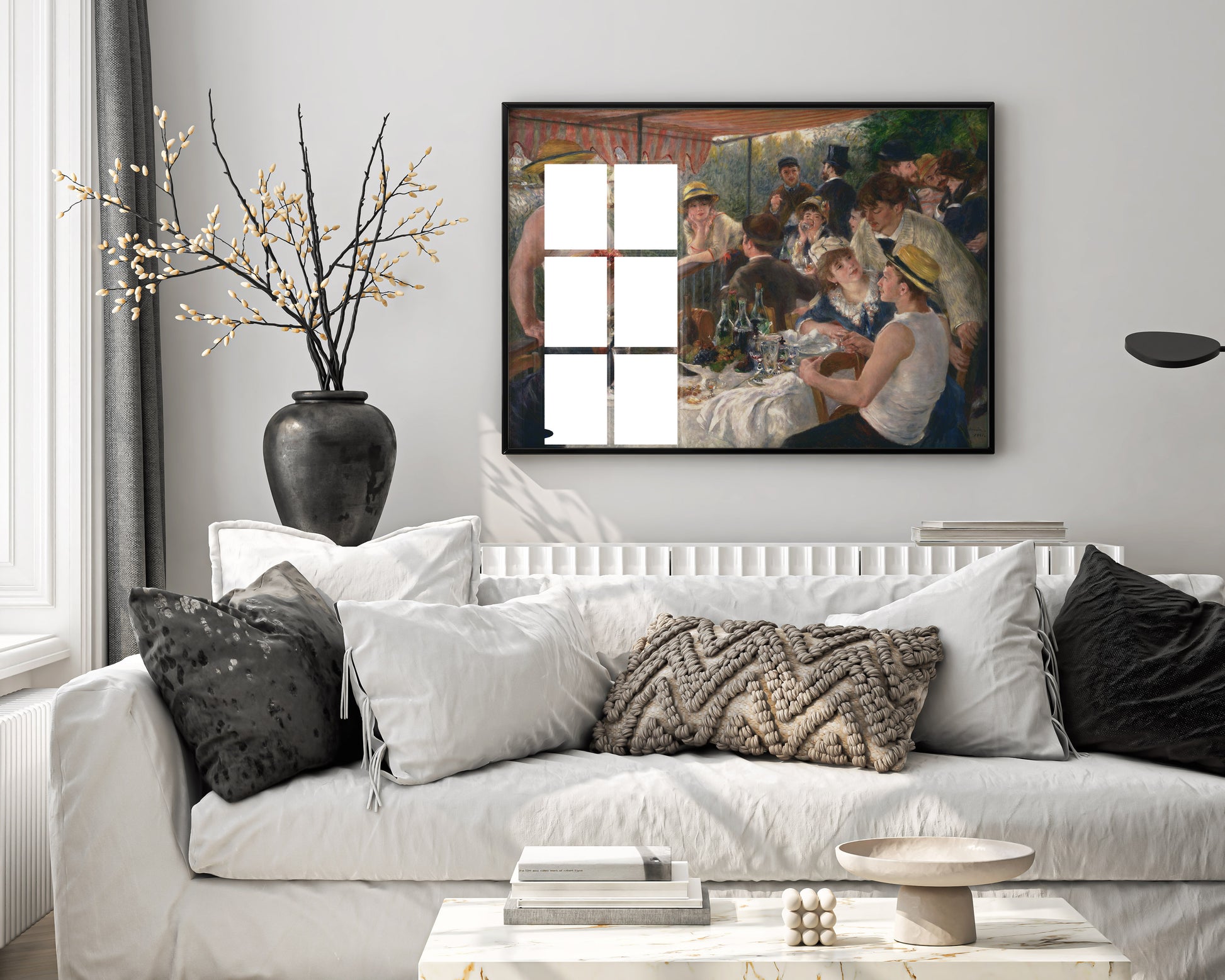 Framed Renoir Luncheon of the Boating Party art print displayed as elegant wall art in modern living room interior, showing premium Impressionist home decor styling