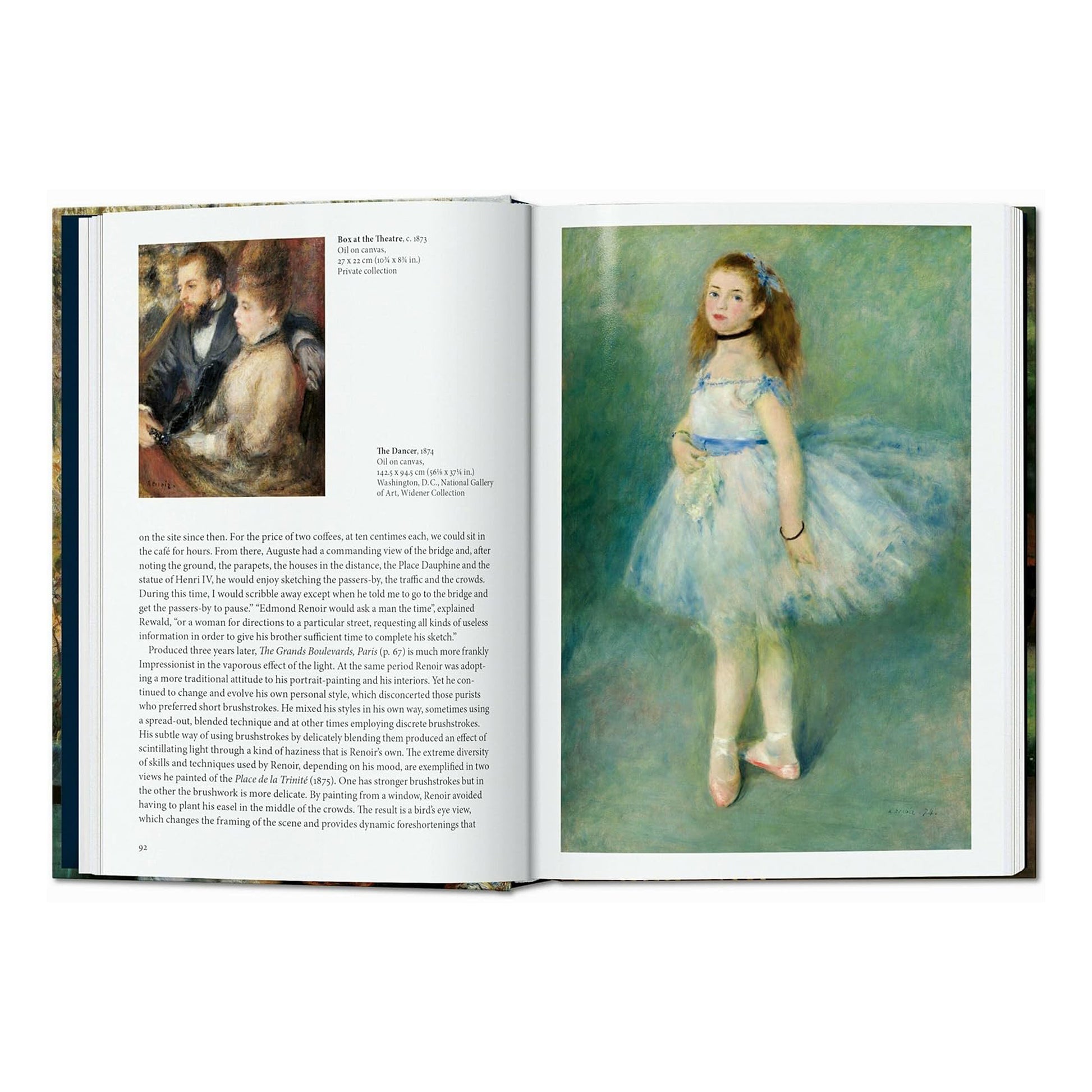 A beautiful spread from a TASCHEN art book featuring Renoir's "The Dancer," highlighting the master's unique portrayal of ballet and feminine grace.