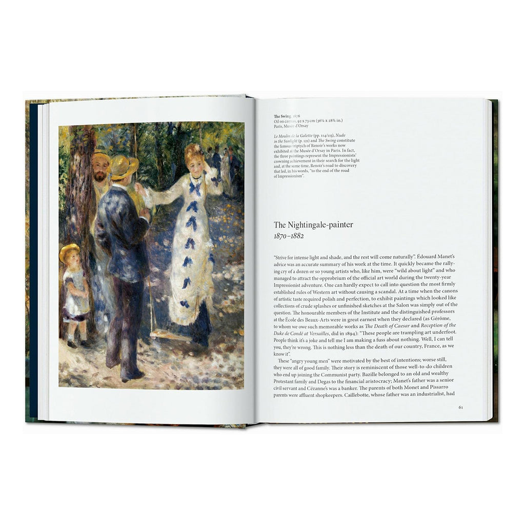 An open page from the premium TASCHEN art book, featuring Renoir's famous Impressionist painting "The Swing," and its insightful editorial text.