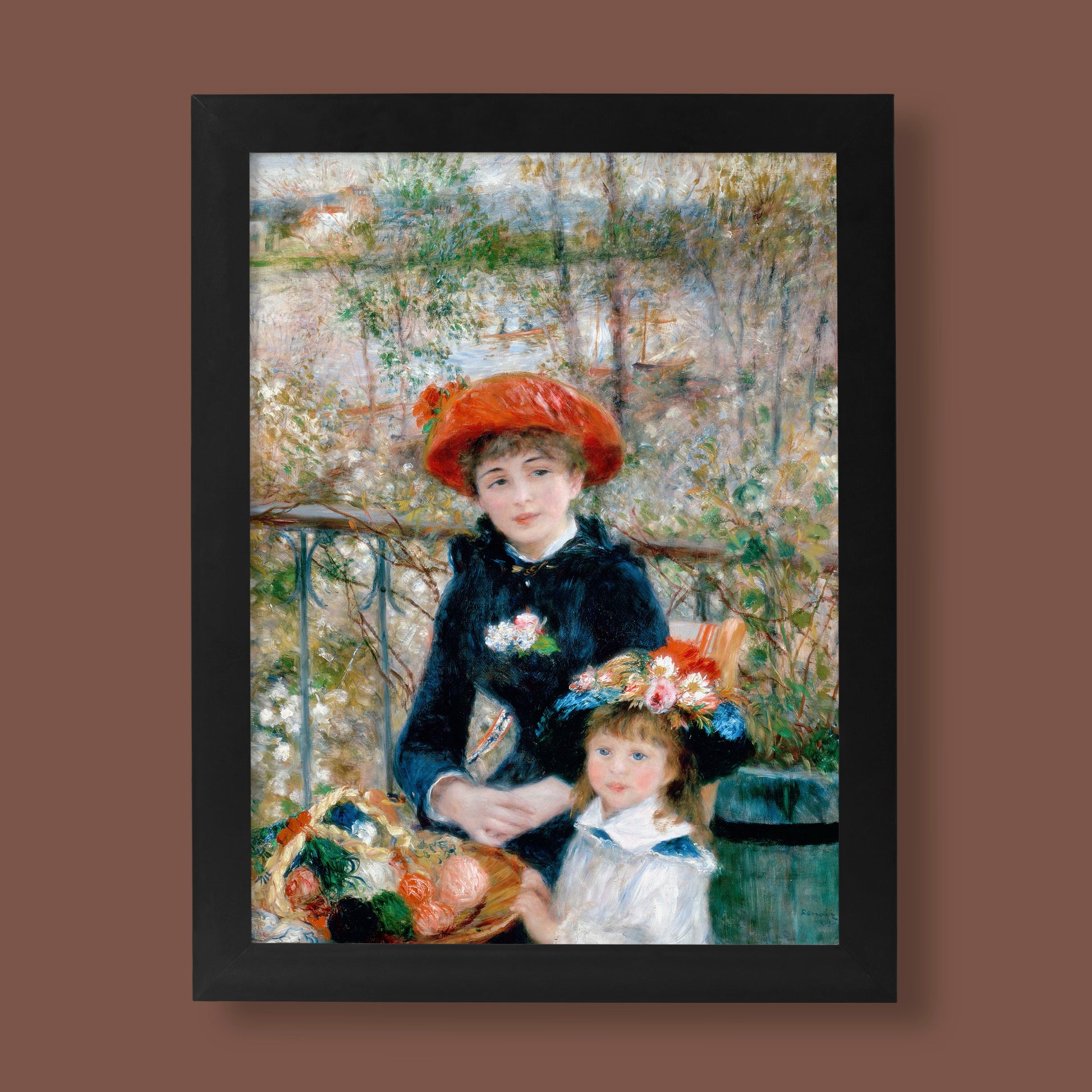 Pierre-Auguste Renoir Two Sisters On the Terrace fine art print showing Impressionist masterpiece with elegant portrait of two figures in period dress, premium wall art for home decor