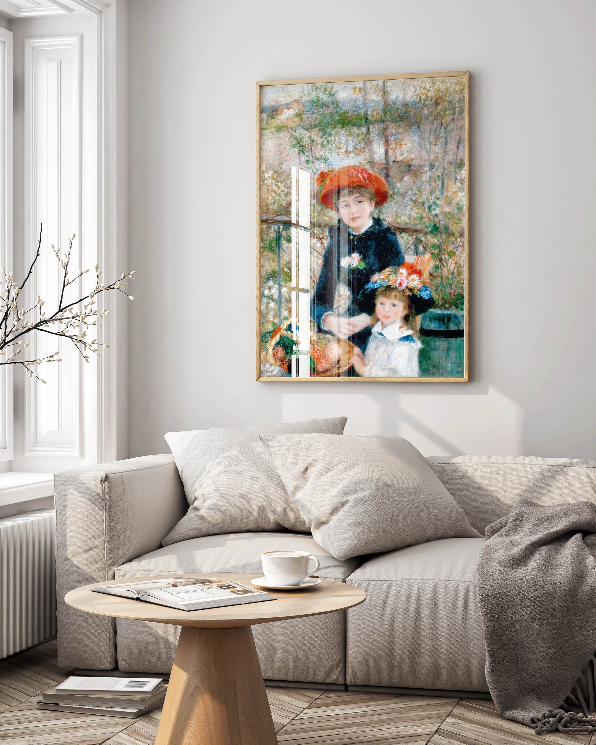 Pierre-Auguste Renoir Impressionist masterpiece framed wall art print hanging in living room, featuring classic French Belle Époque portrait reproduction for sophisticated home interior design
