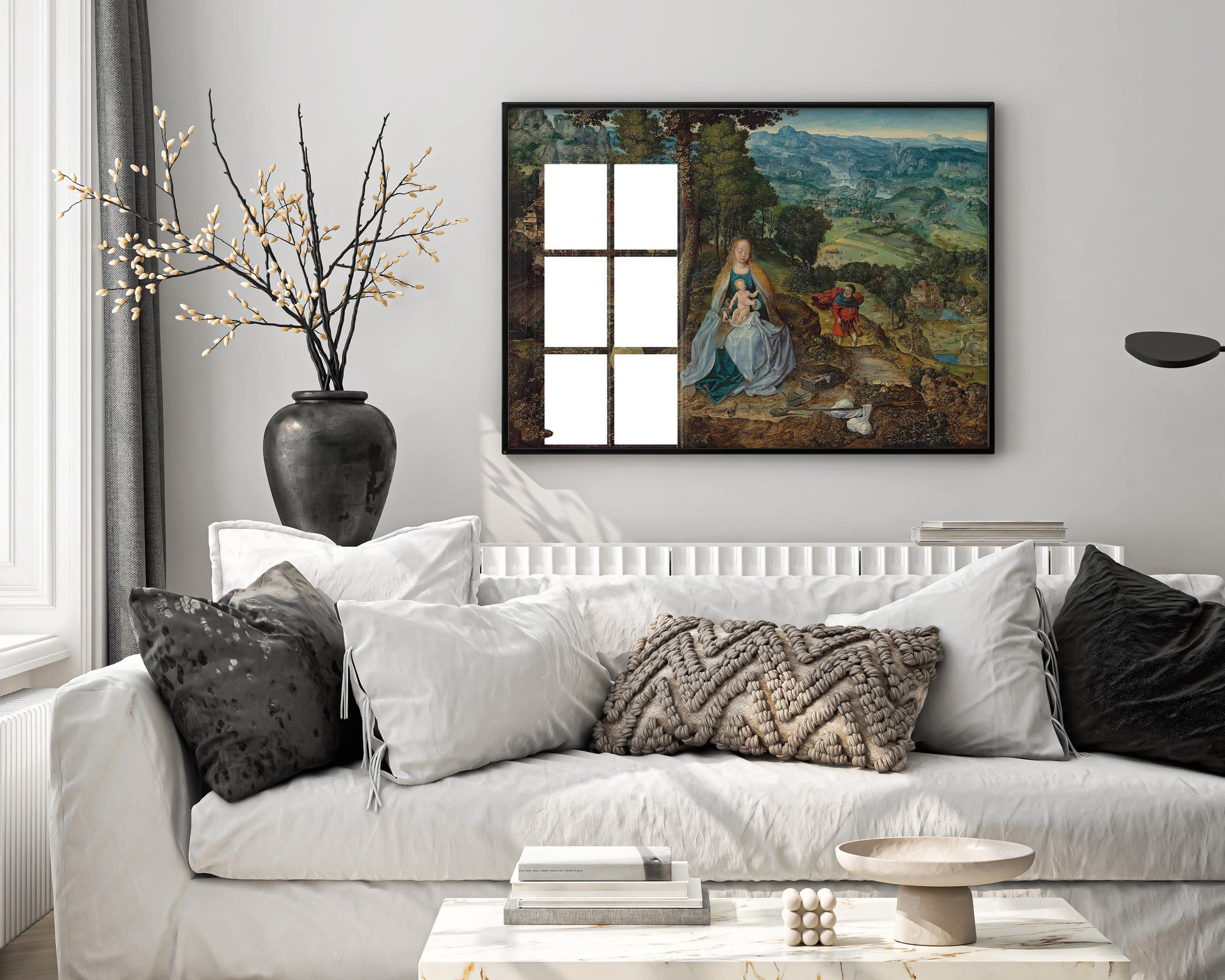 Framed Antwerp School Rest on the Flight into Egypt art print displayed as wall art in modern interior, showing Renaissance landscape with Virgin Mary and panoramic vista