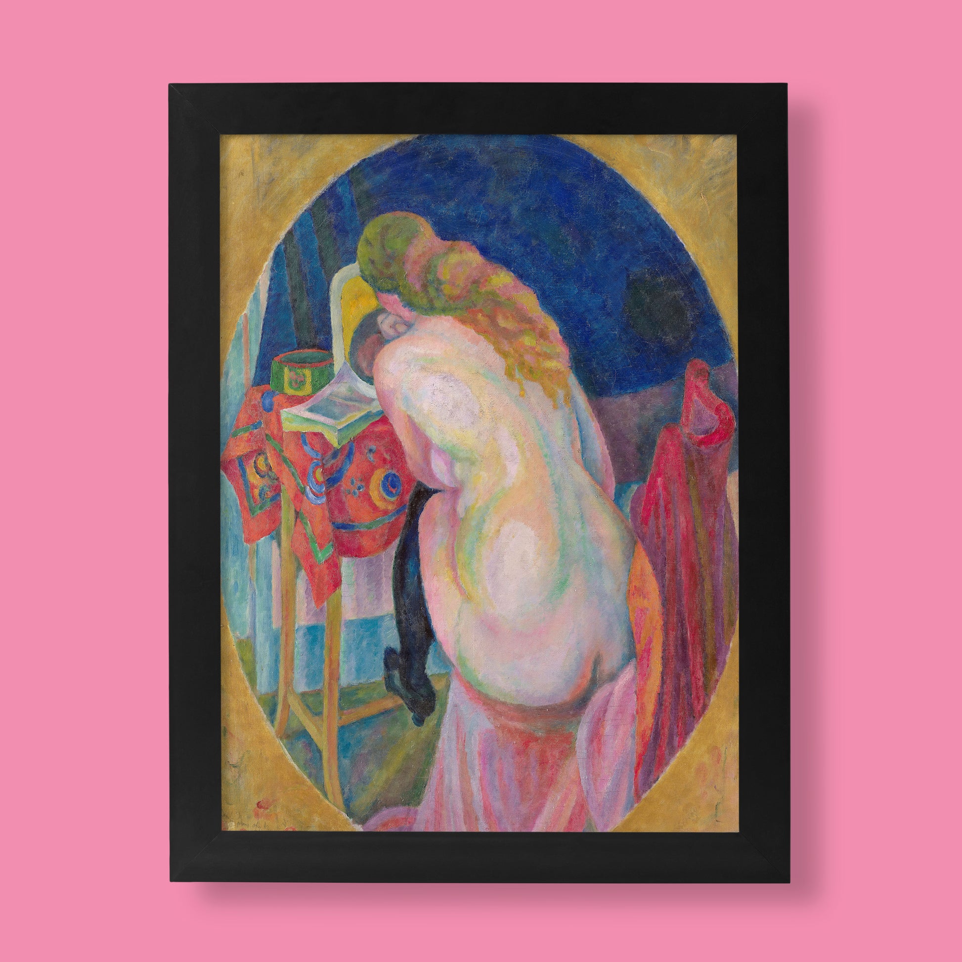 Robert Delaunay Nude Woman Reading fine art print featuring Orphism style oval composition with vibrant colours and complementary contrast on premium giclée paper
