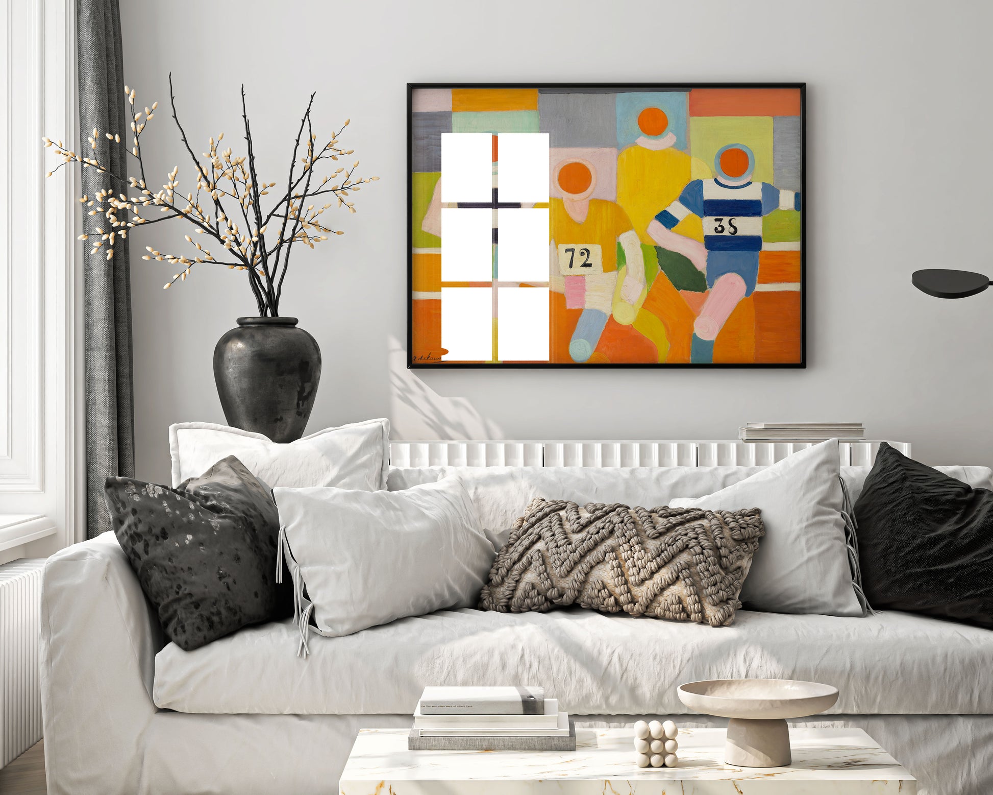 Robert Delaunay The Runners framed art print displayed as elegant wall art - Orphist abstract painting reproduction in modern home interior design