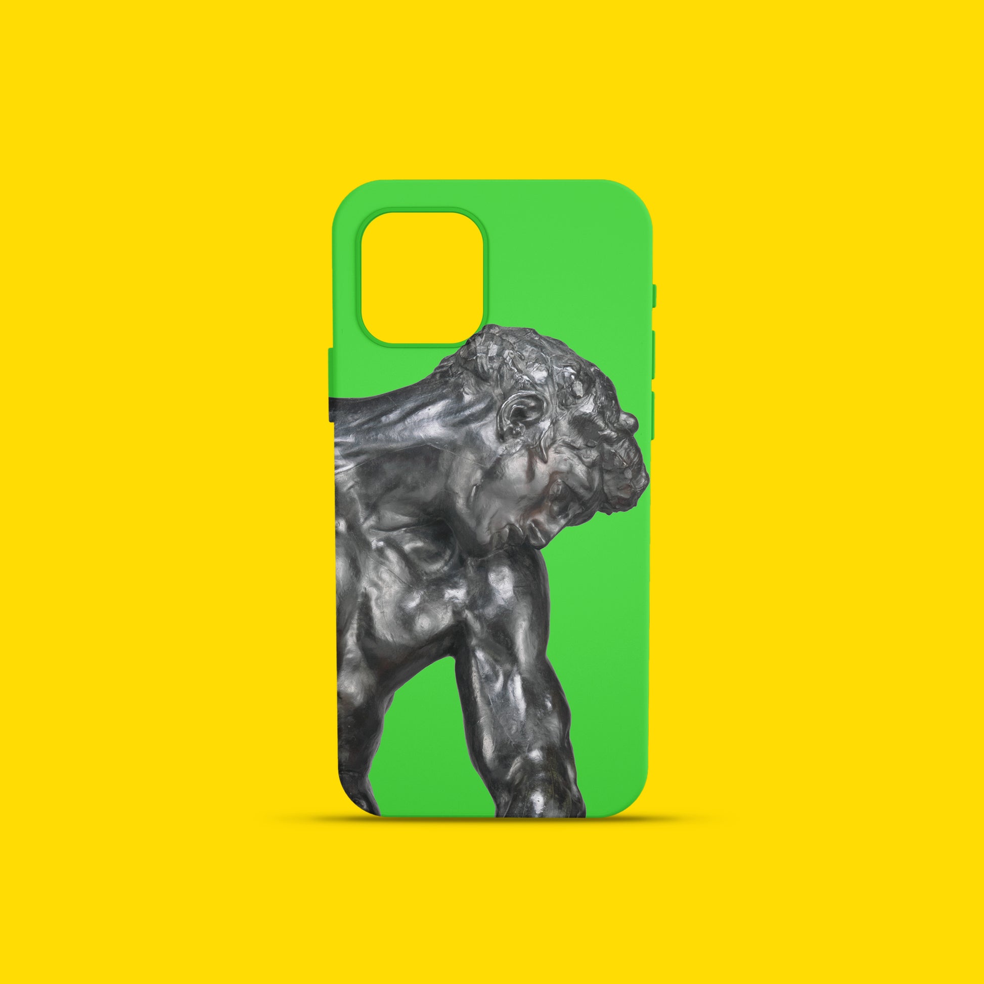 A green rubber phone case on a bright yellow background. The case is a solid green color and features a close-up image of Auguste Rodin's bronze sculpture "Adam," from the chest up, with his head bowed and arms slightly bent. The case is angled slightly to the right.