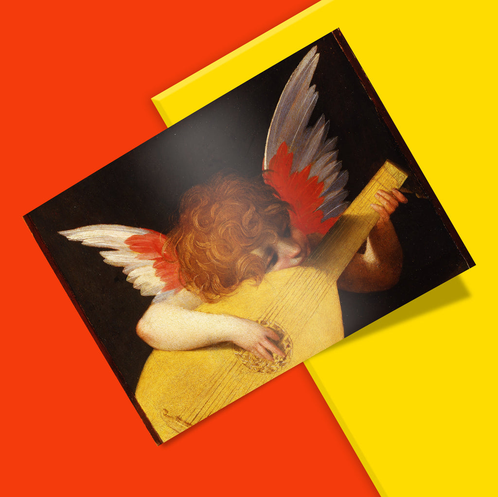 A fragment of a lost 1521 altarpiece by Rosso Fiorentino, this art print captures a musical angel with curly hair and notably modern brushstrokes in sharp 350 dpi clarity.