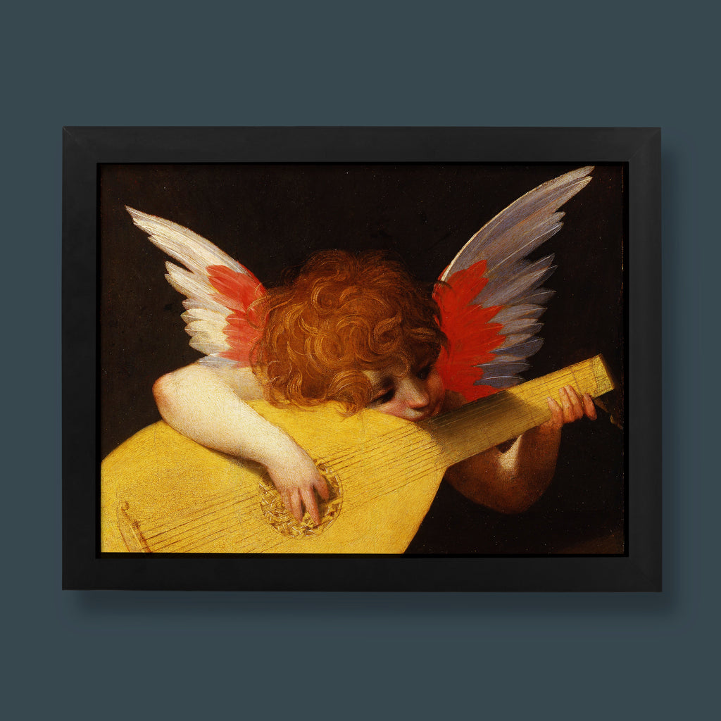 A high-resolution Rosso Fiorentino art print of the iconic Musical Angel from 1521, featuring a cherub with vibrant red wings playing a large lute against a dark, moody background.