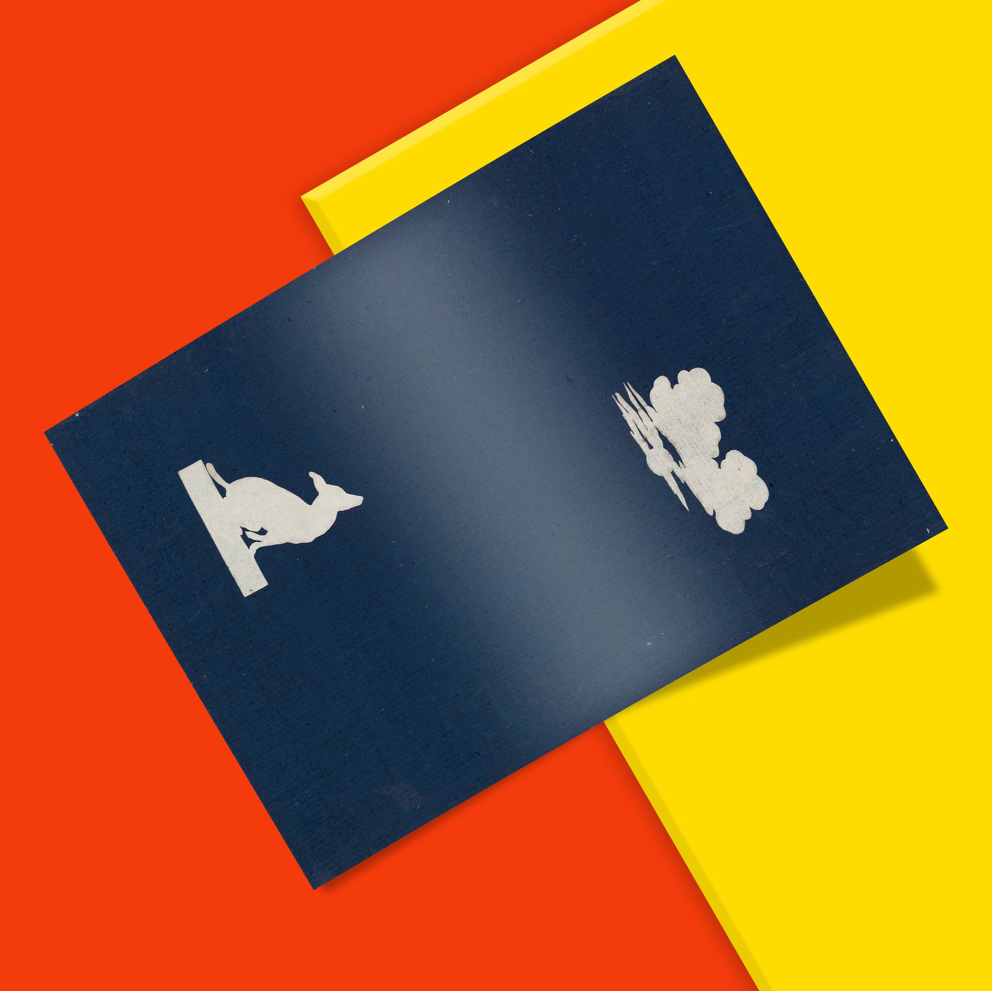 German Romantic dog howling at moon giclée art print, minimalist wall decor with white silhouette on Prussian blue background by Runge