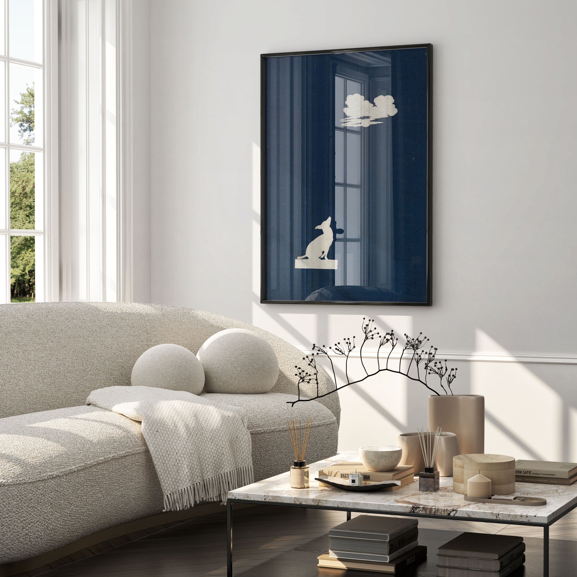 Scherenschnitt style Dog Howling at Moon art print by Philipp Otto Runge, elegant blue and white minimalist fine art for contemporary spaces