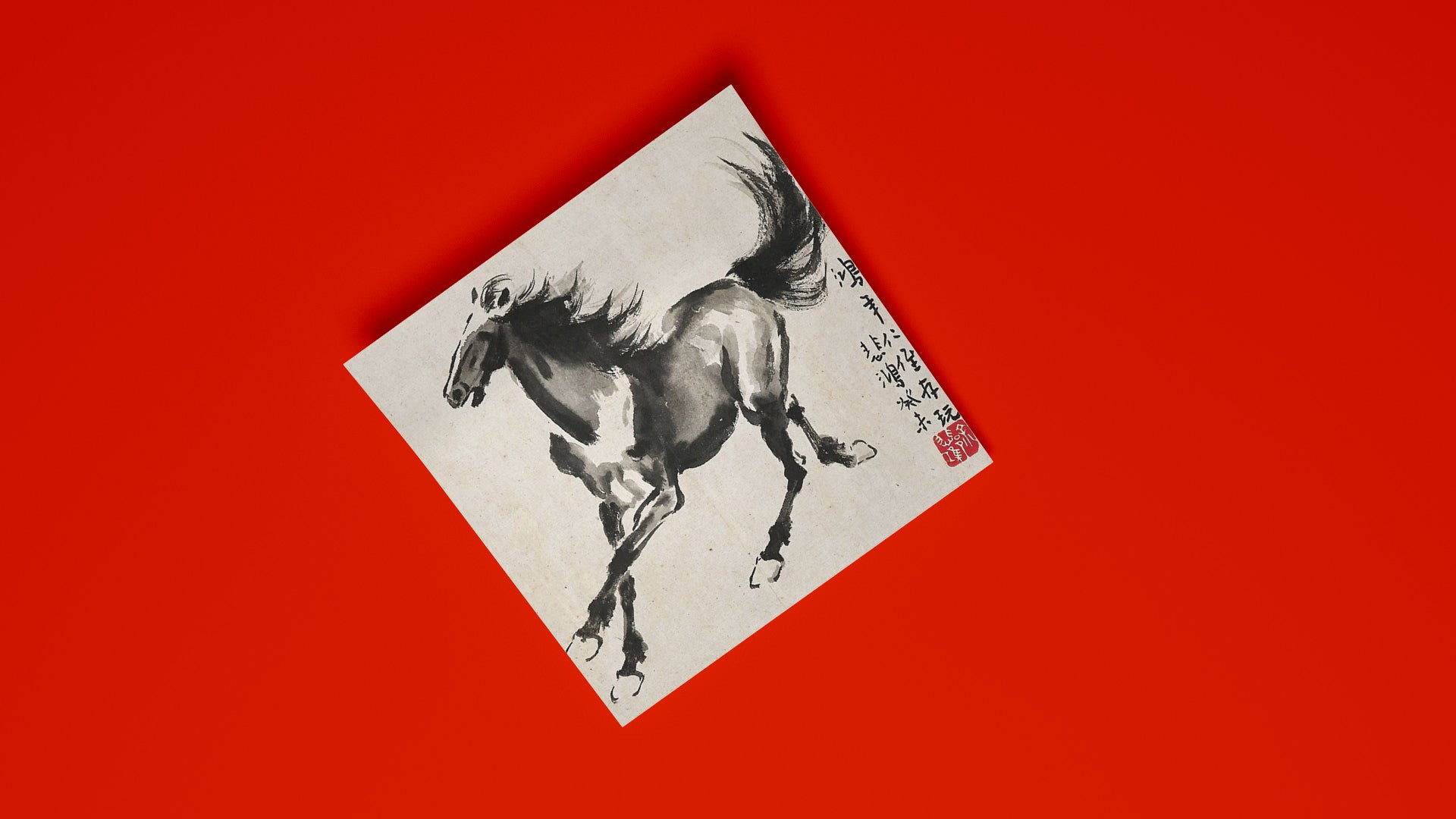 A stunning Chinese ink painting of a galloping horse, reproduced as a high-definition wall art print to add an elegant touch to any interior design.