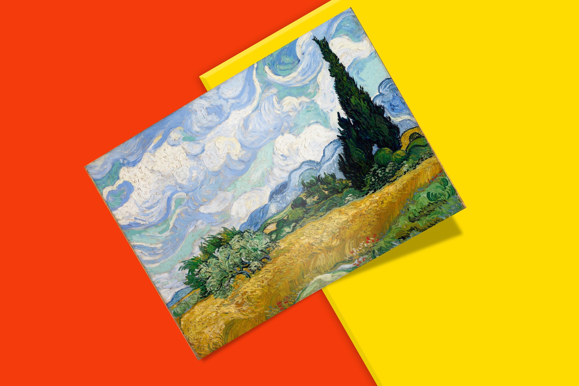 Museum-grade Van Gogh Wheat Field with Cypresses fine art reproduction print featuring golden wheat field landscape and dramatic cypress trees, premium wall art décor