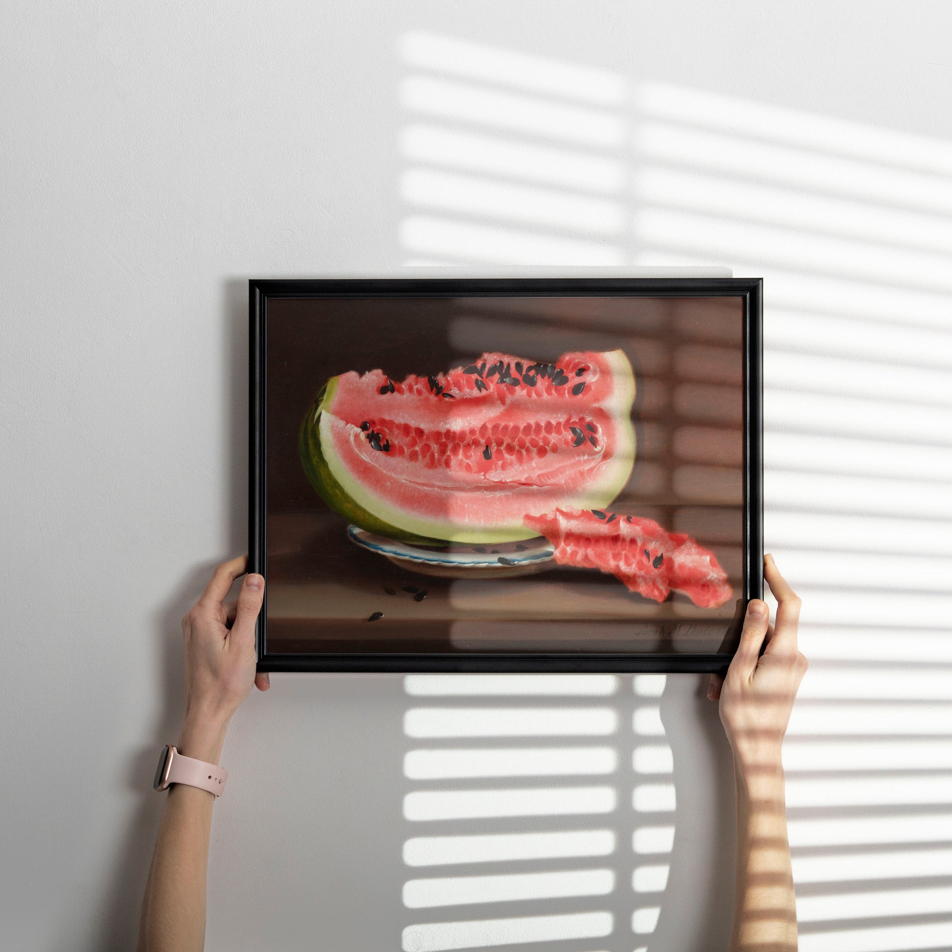 Sarah Peale's watermelon fine art print framed showing rich texture, dramatic shadow and vivid colour depth from giclée printing