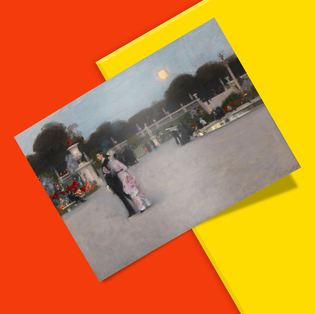 Belle Époque Paris art print showing fashionable couple in Luxembourg Gardens, John Singer Sargent wall art reproduction