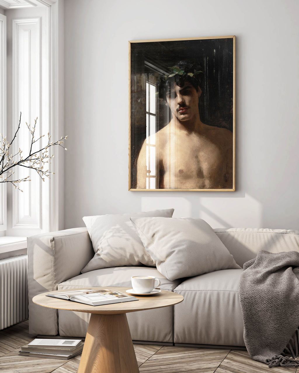 Framed giclée fine art print of John Singer Sargent's 'Man Wearing Laurels' as a focal point in a luxurious, modern living room. A perfect statement piece for high-end interior design.