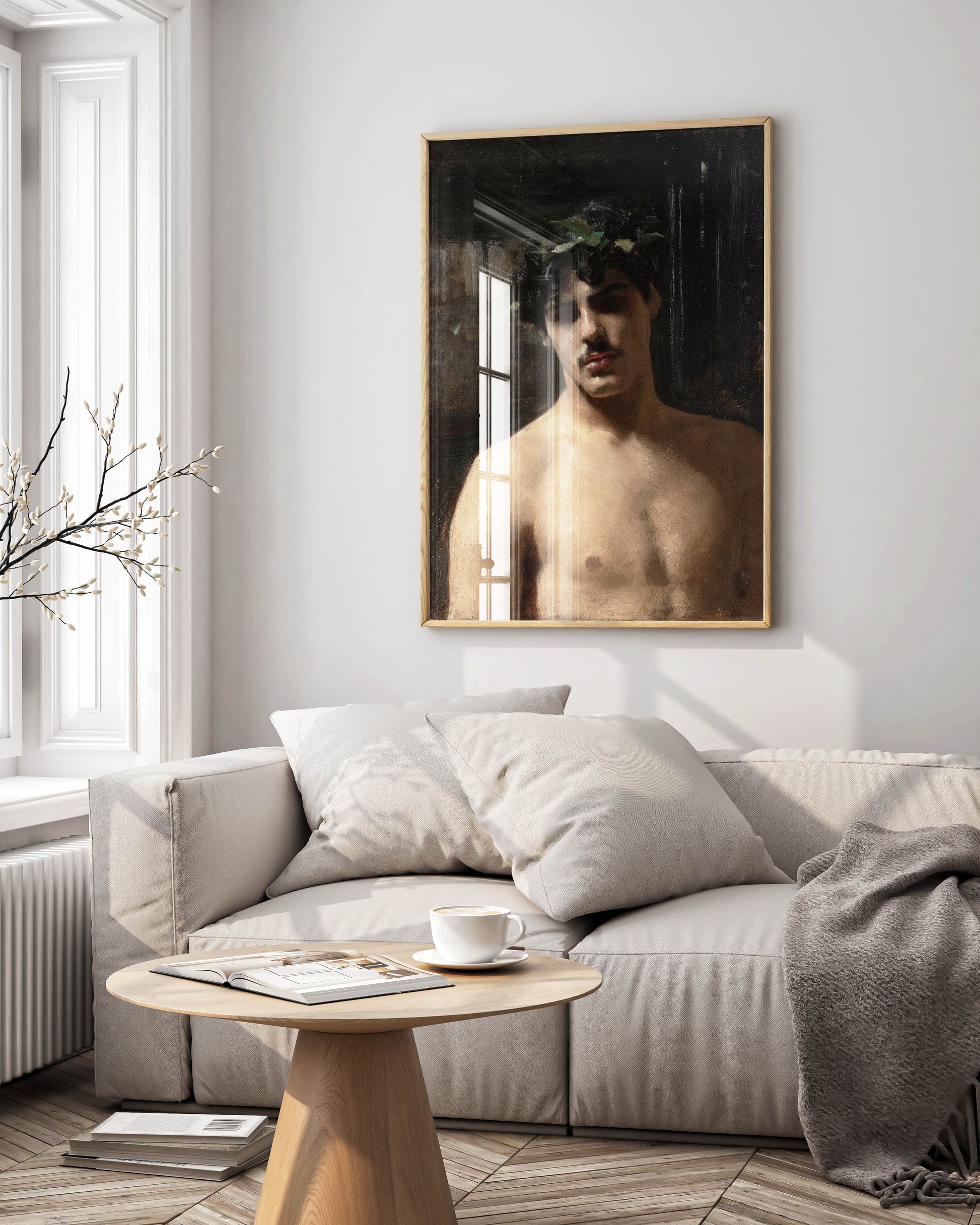 Framed giclée fine art print of John Singer Sargent's 'Man Wearing Laurels' as a focal point in a luxurious, modern living room. A perfect statement piece for high-end interior design.