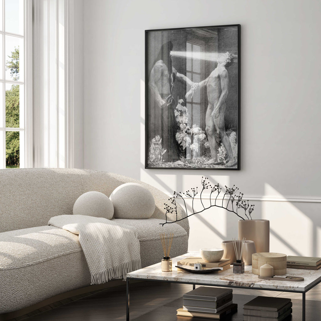 Framed premium giclée print of Sascha Schneider's "Hypnosis," shown with a black frame on a gallery wall.