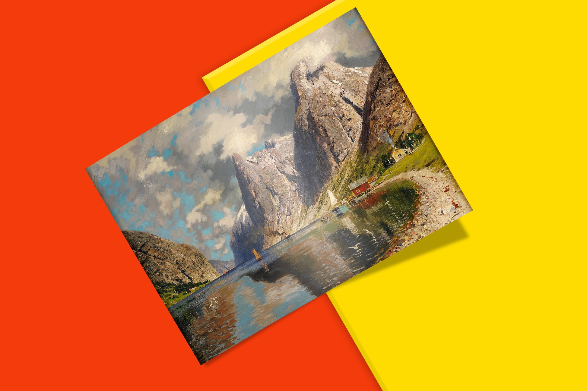 Cultural heritage Norwegian art print showing dramatic fjord landscape by master painter Normann, museum quality reproduction for Scandinavian home decor style