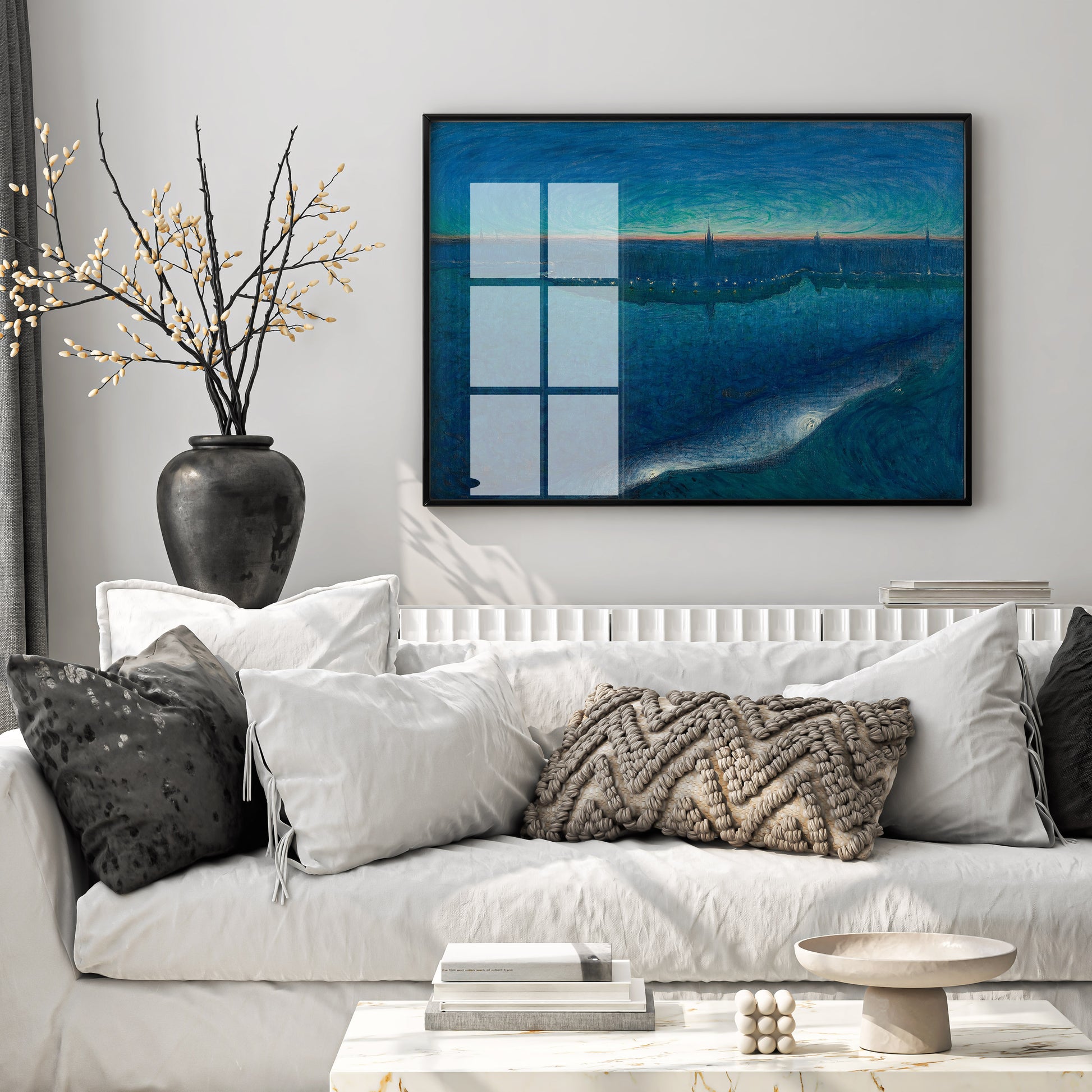 Close-up detail of Eugène Jansson blue nocturne art print showing 12-colour giclée printing quality and vivid colour depth on museum-grade paper