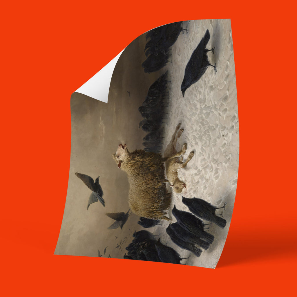 Classic 19th century Anguish masterpiece art print by August Schenck, premium wall art featuring dramatic winter scene with sheep and ravens