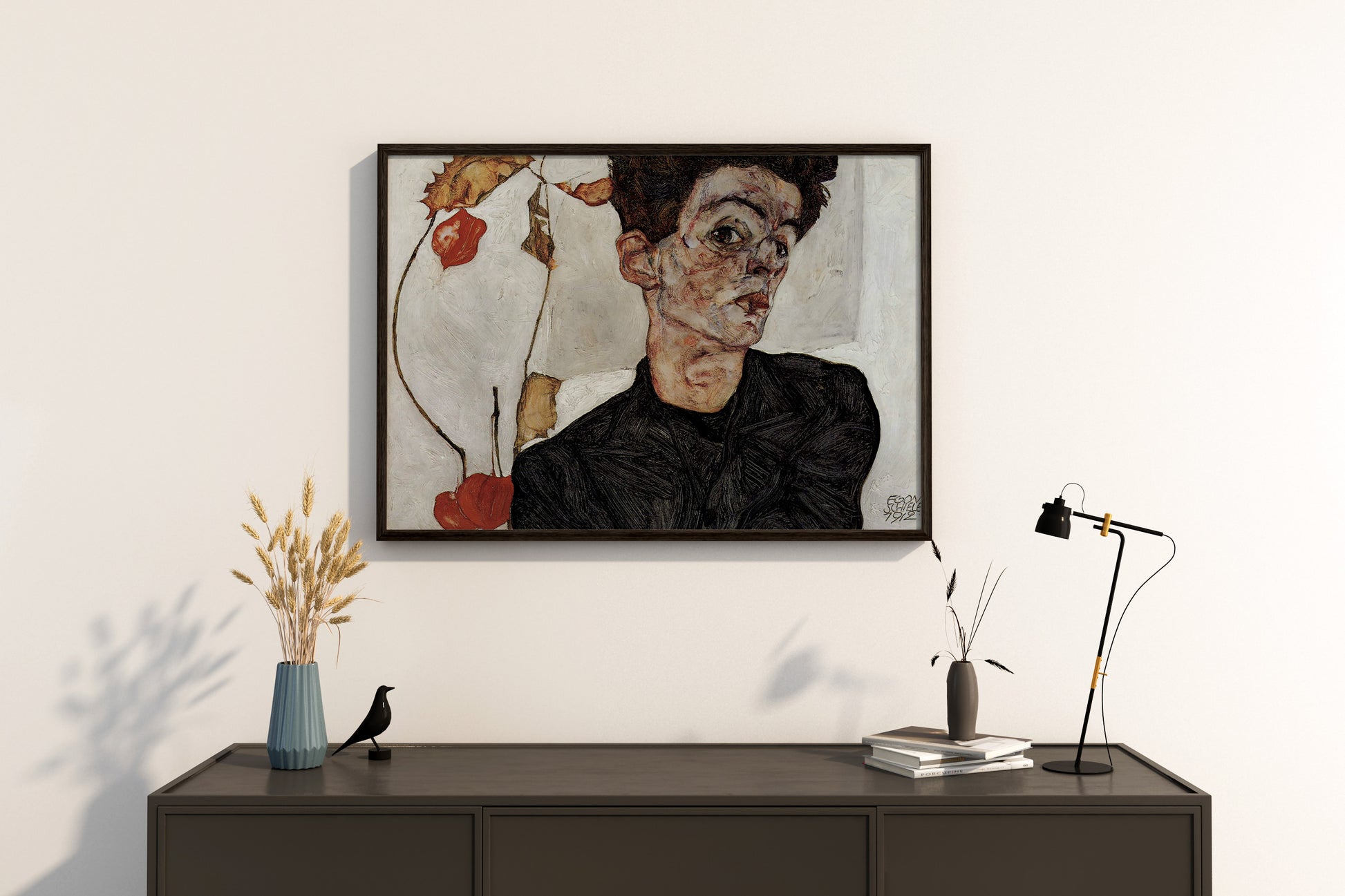 Egon Schiele Expressionist self-portrait framed art print, showcasing a museum-quality giclée reproduction ready for display as captivating wall decor.