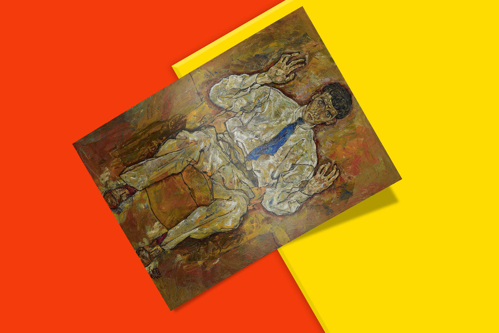 Egon Schiele 1918 portrait print featuring man in modern attire with raised hands capturing artistic inspiration - high quality fine art poster for office or study