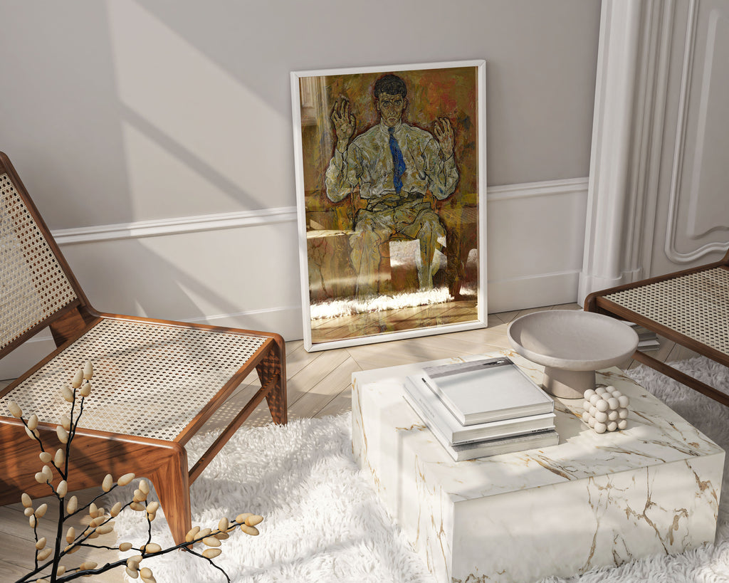 Egon Schiele Portrait of Albert Paris von Gütersloh framed art print displayed on wall showing expressionist portrait with raised hands - modern home interior wall art decor