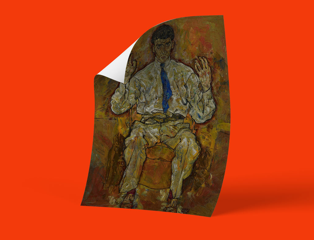 Egon Schiele expressionist portrait giclee print depicting creative artist with raised hands and cobalt blue tie on warm ochre background - fine art poster for home decor