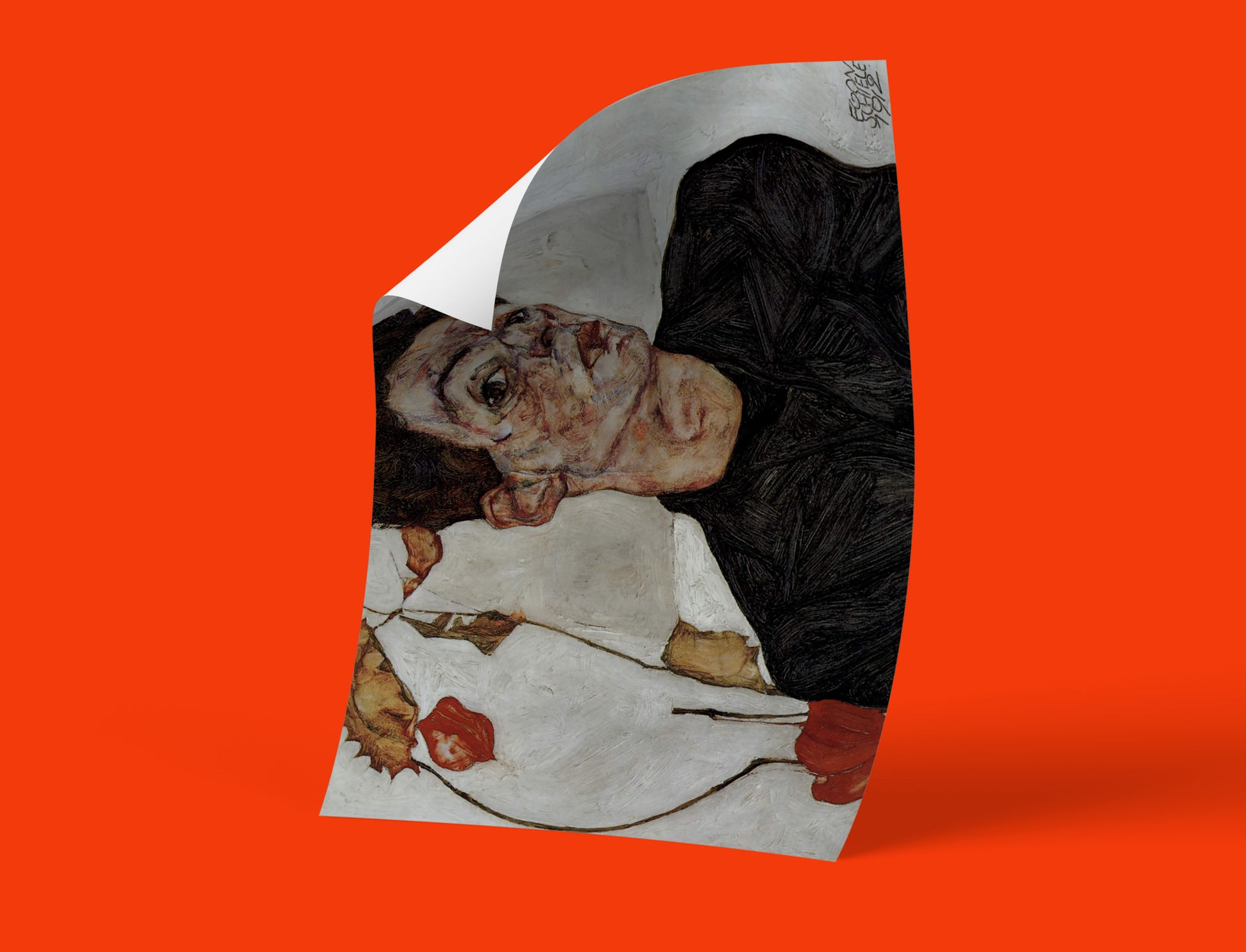 High-quality giclée art print of Egon Schiele's 1912 self-portrait, featuring vivid colours and a smooth matte finish, ideal for modern home decor.