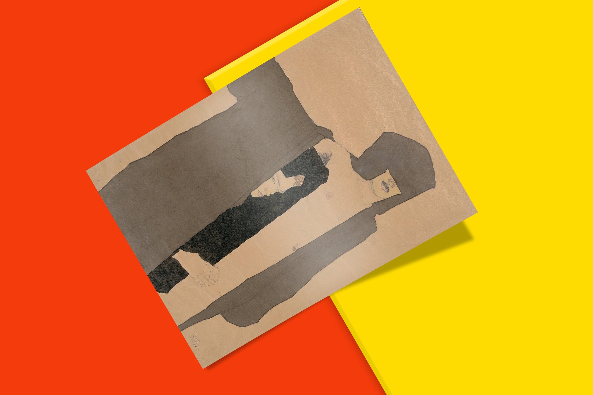 Egon Schiele expressionist drawing reproduction print depicting tender embrace with stylized faces and nervous line work - premium art poster for home interior