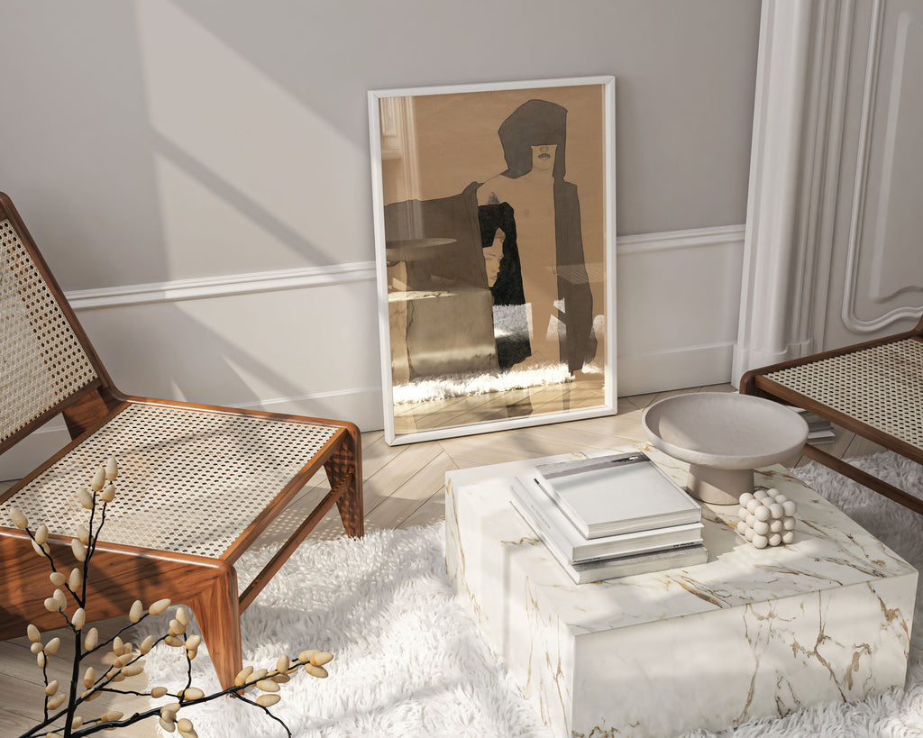 Framed Egon Schiele 1909 figure drawing print hanging on bedroom wall featuring couple in tender embrace - gallery quality framed fine art for contemporary interiors