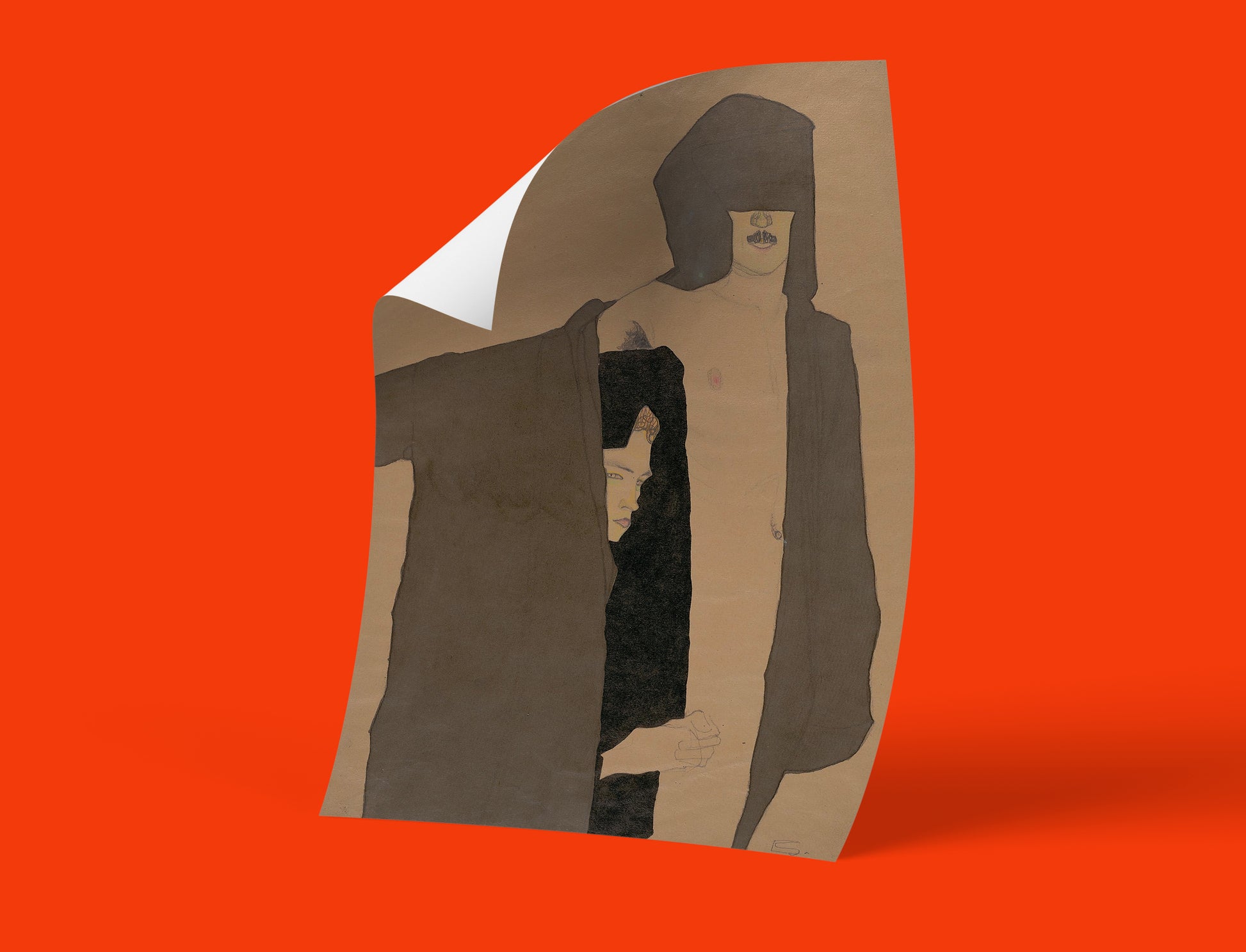 Egon Schiele 1909 The Couple print with beige tones and black accents showing intimate human connection - high quality fine art poster for modern interiors