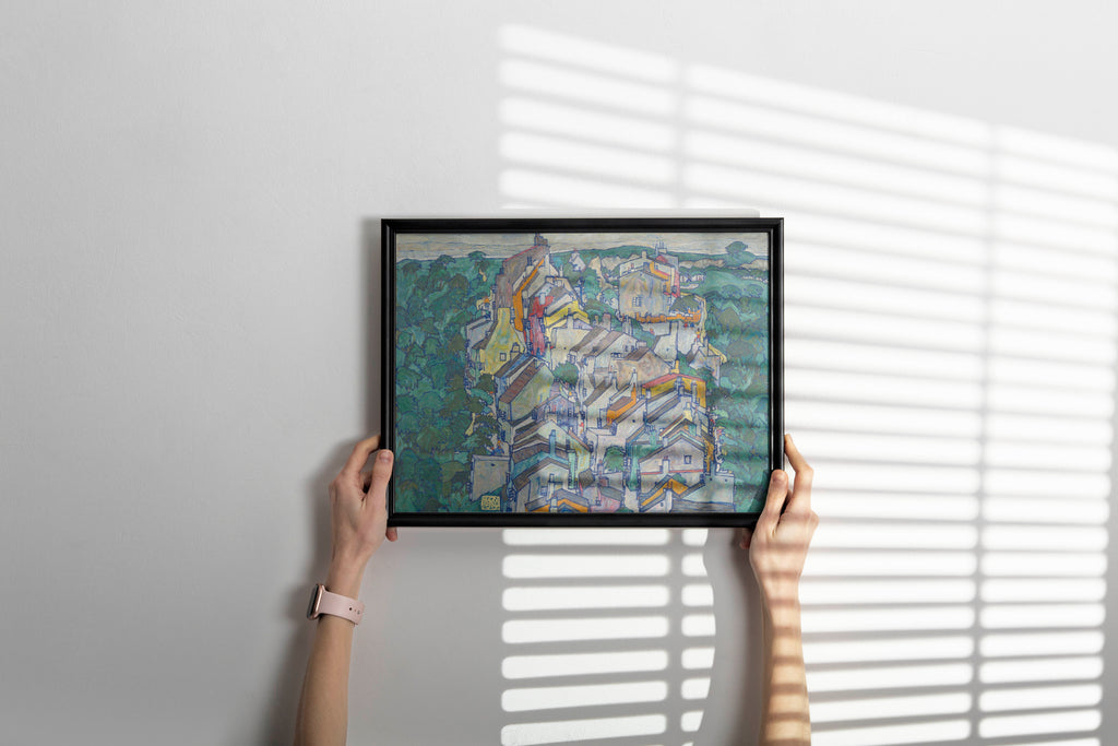 Framed Egon Schiele The Old City III fine art print hanging on living room wall featuring expressionist architecture and vibrant rooftops - gallery quality framed wall art