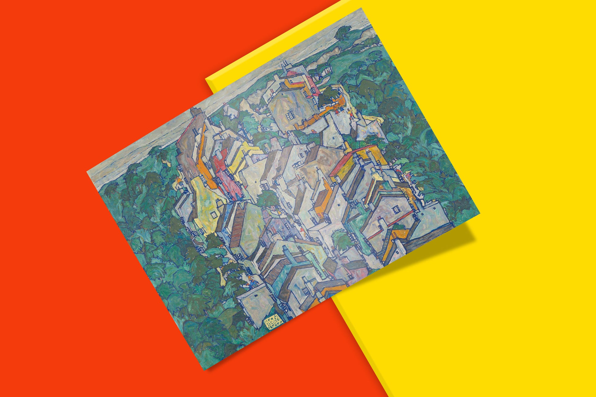 Egon Schiele Krumau painting reproduction print depicting bird's eye view of Czech Renaissance architecture and town rooftops - premium fine art poster