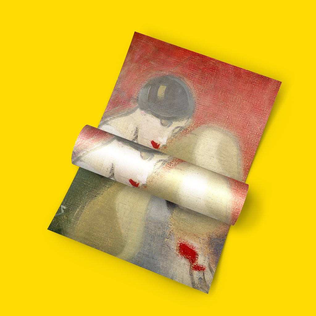 Museum quality art print of Schjerfbeck's The Family Heirloom with striking red background, flat colour surfaces and Japanese woodcut influenced composition