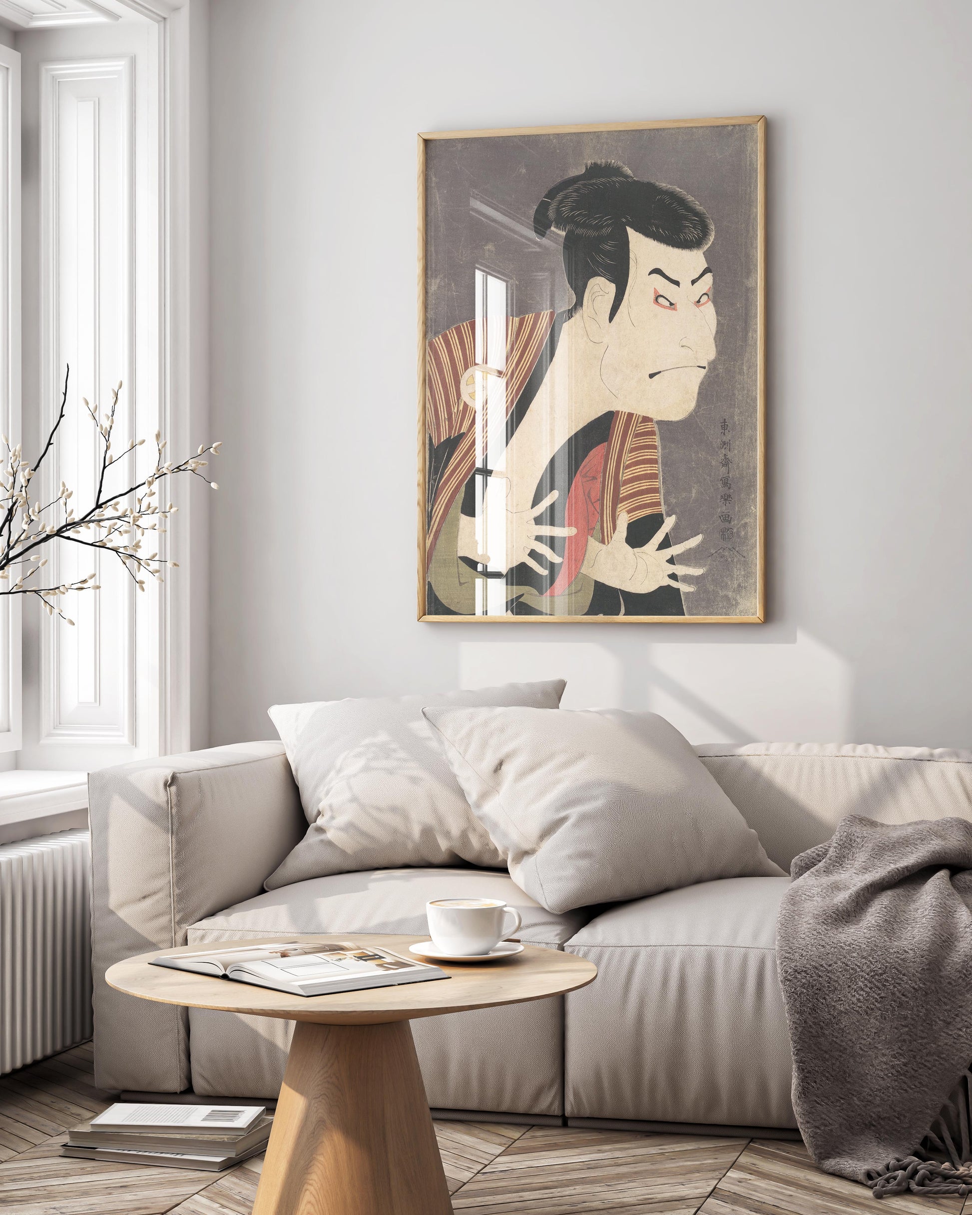 A framed art print of the famous Tōshūsai Sharaku Ukiyo-e artwork, Kabuki Actor Ōtani Oniji III as Yakko Edobei, displayed as elegant wall art in a modern living space.
