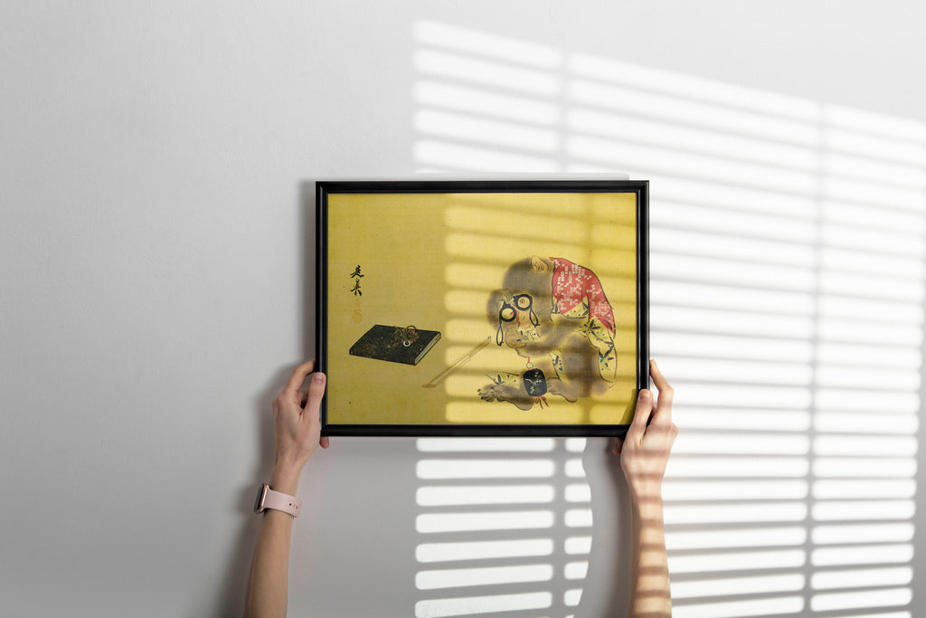 Museum quality framed Japanese wall art print of Shibata Zeshin monkey collector painting hanging in contemporary room interior design inspiration