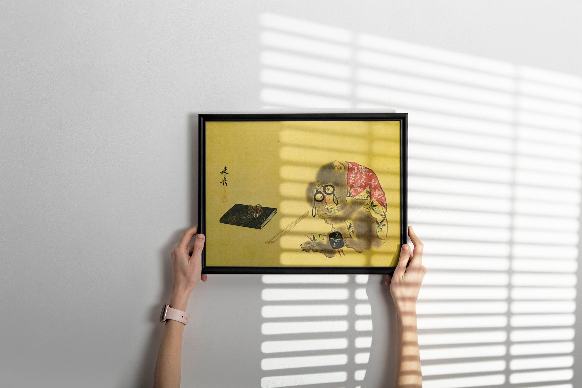 Museum quality framed Japanese wall art print of Shibata Zeshin monkey collector painting hanging in contemporary room interior design inspiration