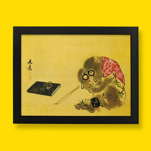 Shibata Zeshin Monkey Posing as a Collector Japanese art print showing monkey examining collectibles with magnifying glass on golden yellow silk background