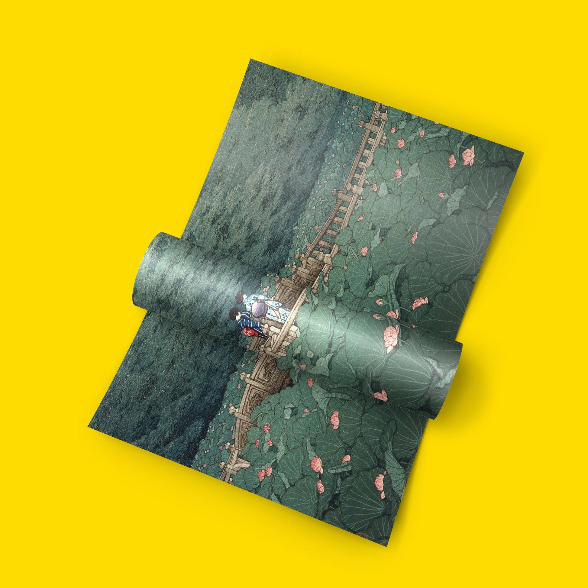 Shin-hanga art print wall art by Japanese artist Hasui Kawase showing a tranquil Tokyo landscape with lotus blossoms and elegant bridge at Benten Shrine Shiba