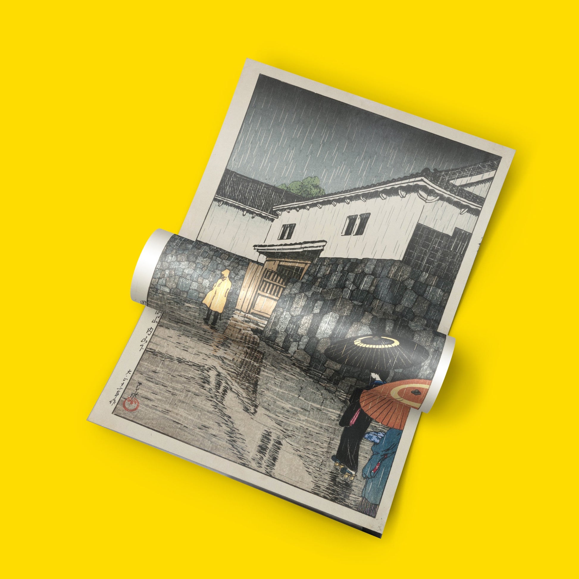 Vintage Japanese wall art depicting Okayama Castle district in rain with figures carrying colourful umbrellas in orange and black