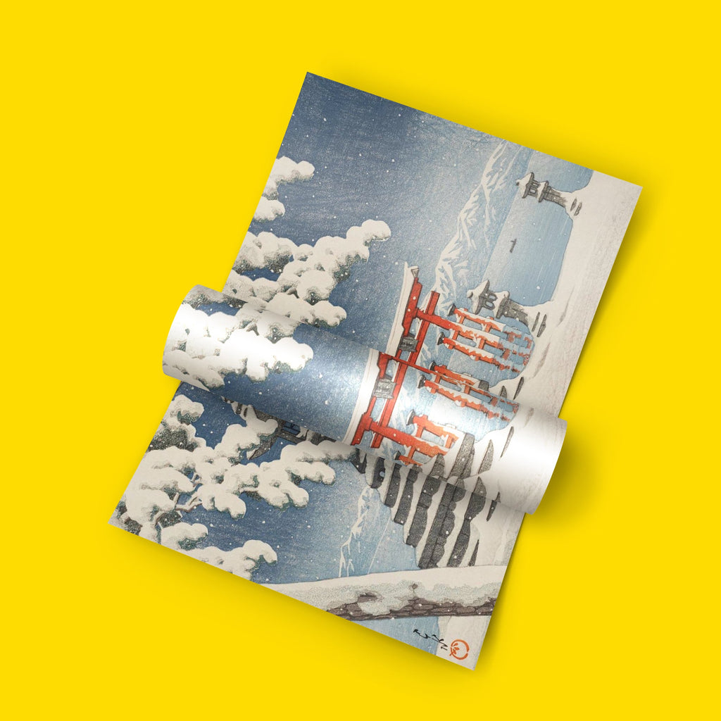 Vintage Japanese art print of Itsukushima Shrine floating torii gate covered in snow by shin-hanga artist Hasui Kawase