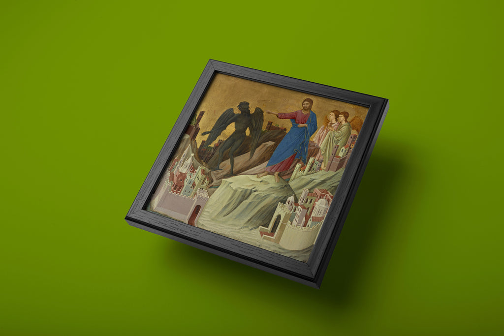 High resolution wall art print of 14th century Italian masterpiece by Duccio depicting Christ's temptation with panoramic landscape and fortified medieval towns