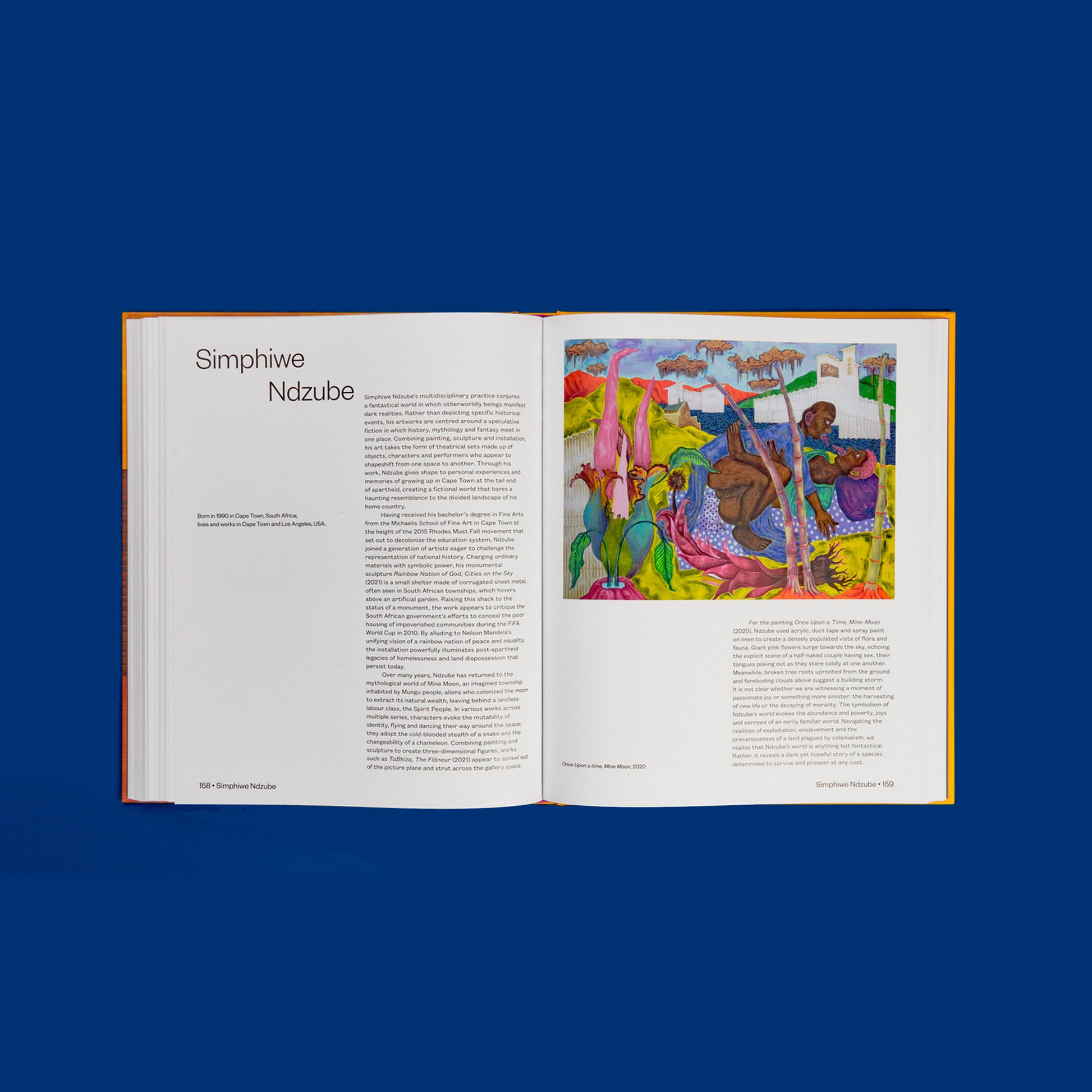 A vibrant double-page spread with an intricate painting and text about the artist, Simphiwe Ndzube.