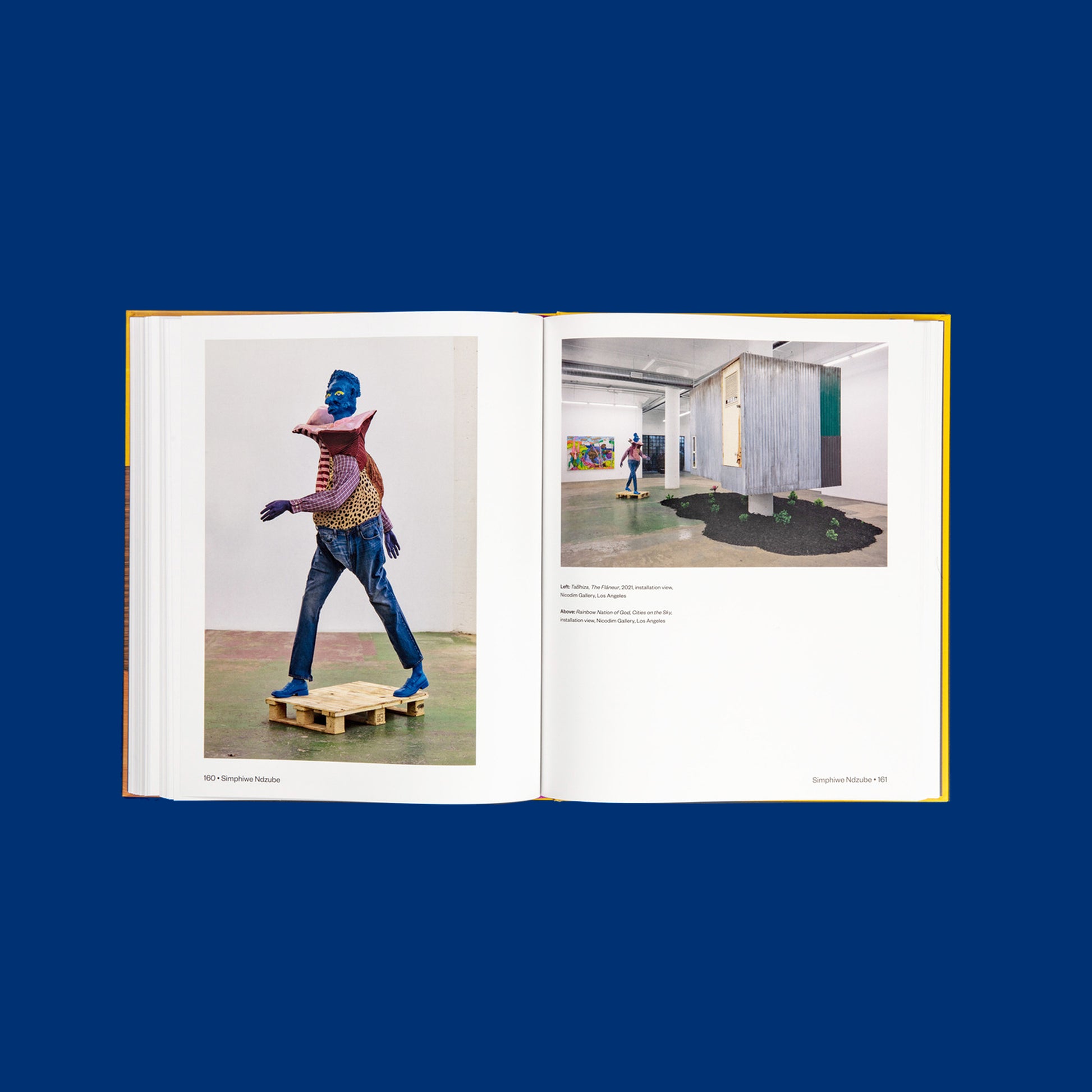 A double page from the African Art Now book showcasing a powerful sculpture by artist Simphiwe Ndzube.
