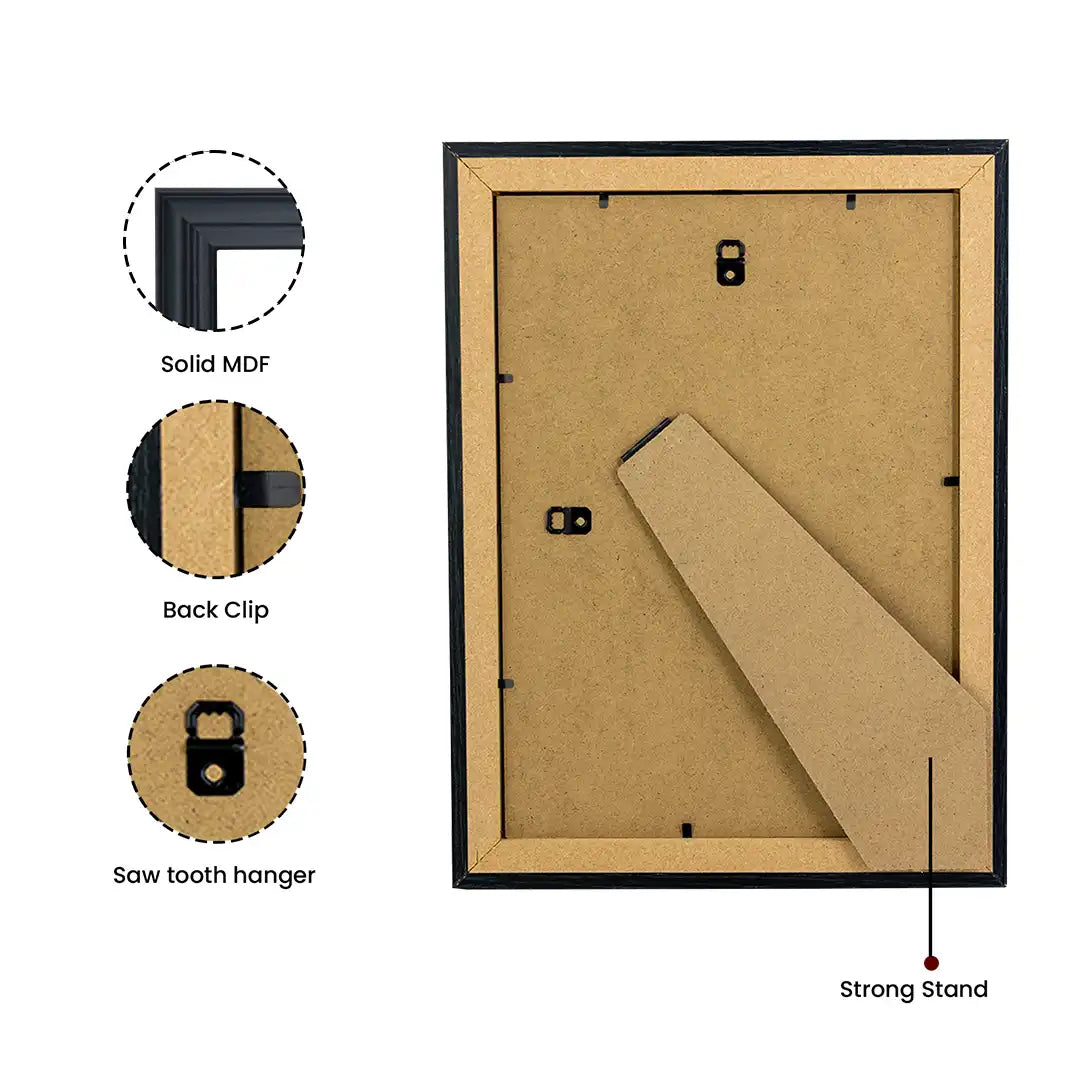 Back of small picture frame with strong fold-out stand for stable desk or tabletop display, ideal for art prints and photographs