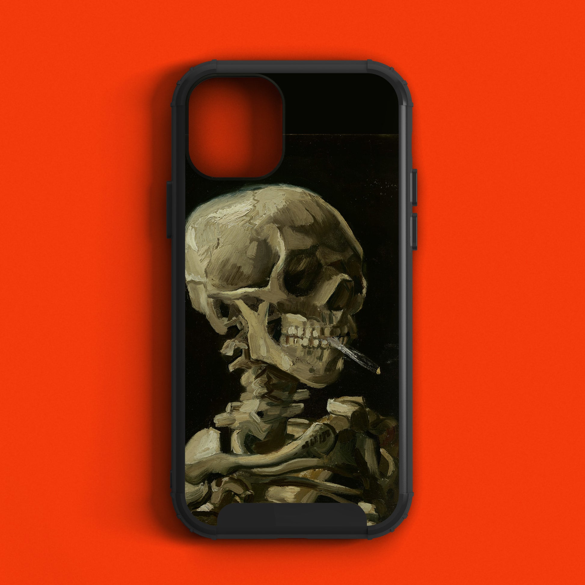 Collectible art merchandise: a phone case inspired by Van Gogh's famous "Head of a Skeleton with a Burning Cigarette," an ideal present for those who appreciate dark academia and historical art.