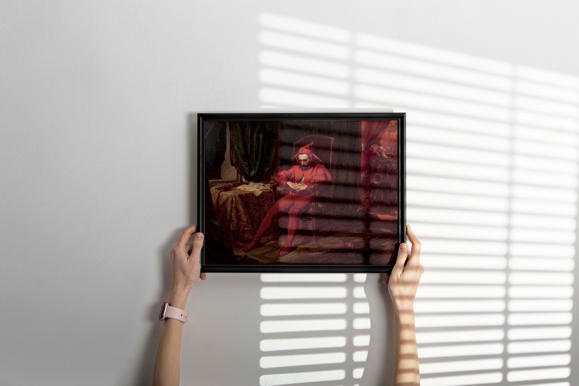 Framed Stańczyk by Jan Matejko art print, giclée wall decor on a minimalist white wall.