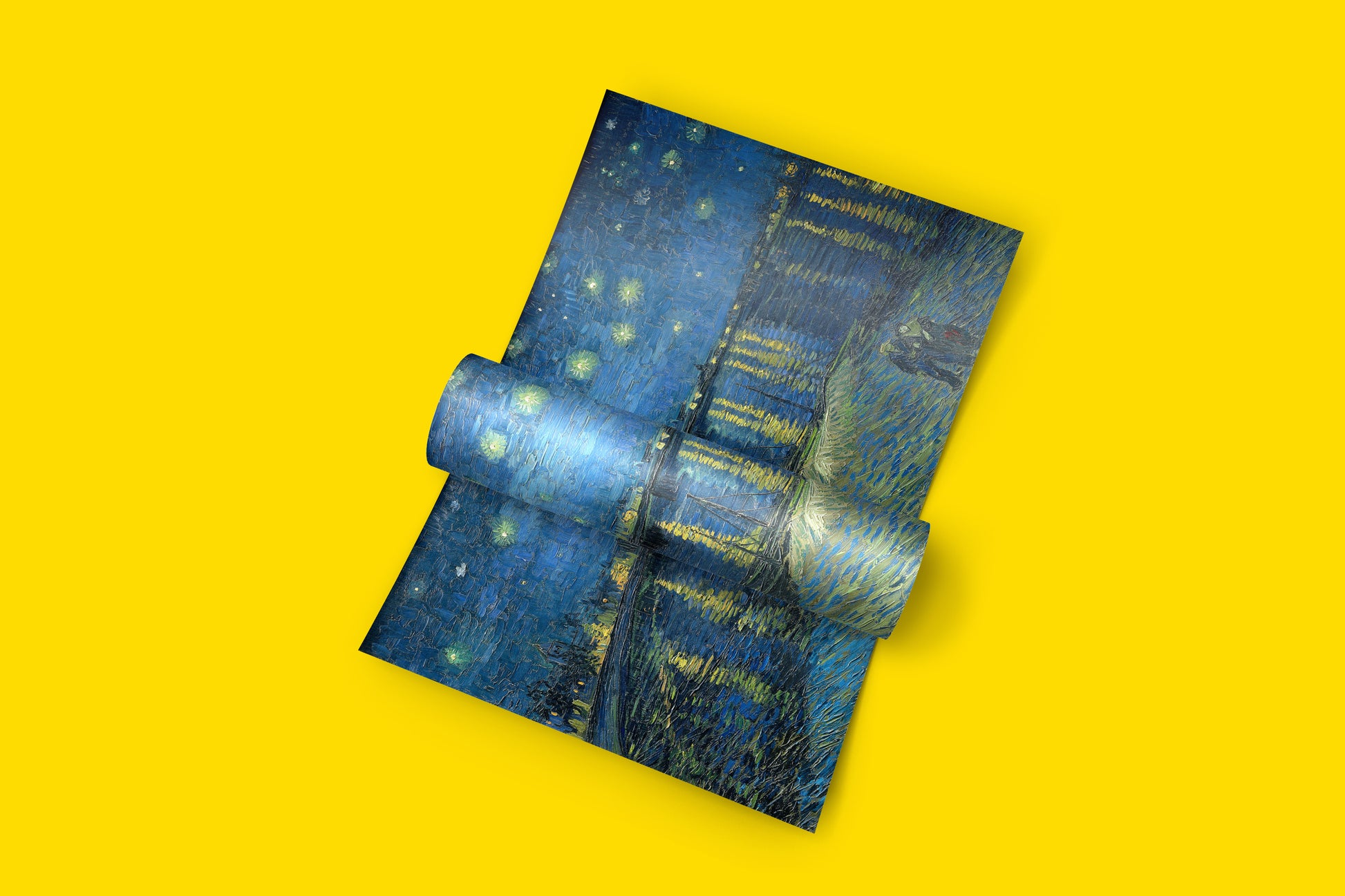 Close-up shot of a museum-quality giclée print of "Starry Night Over the Rhône," highlighting the intricate brushwork and vivid 12-color printing technology for a lifelike art reproduction.